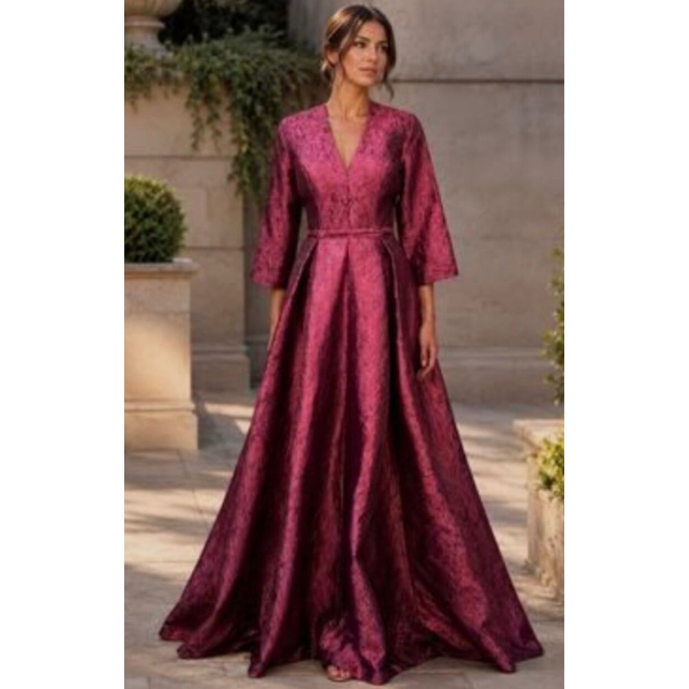 Rene Ruiz Collection Metallic Burgundy Brocade V-Neck A-Line Gown Dress Size 6
